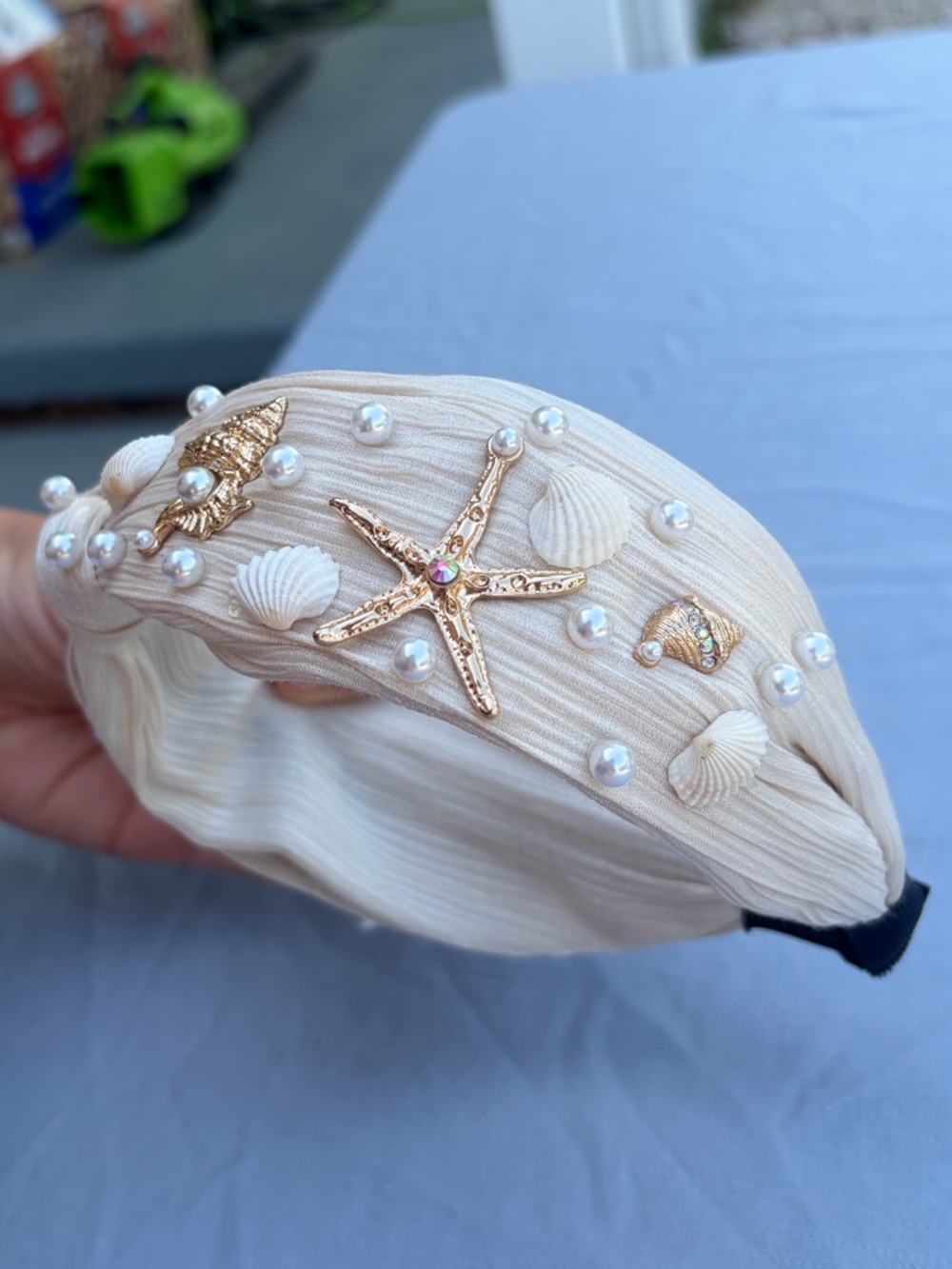 Beige Pearl & Seashell Embellished Headband
